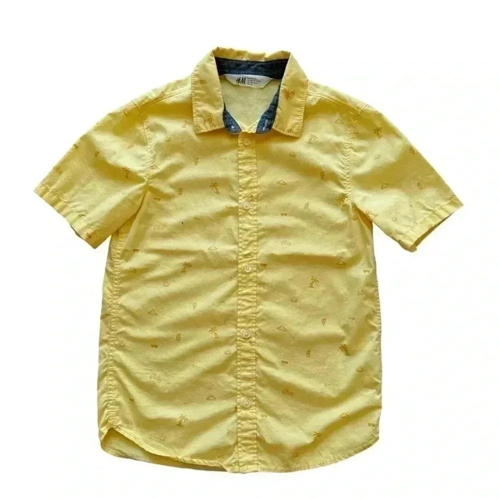 H&M Yellow Short Sleeves Palm Tree Cotton Print Button Down Shirt SZ 7 #2222